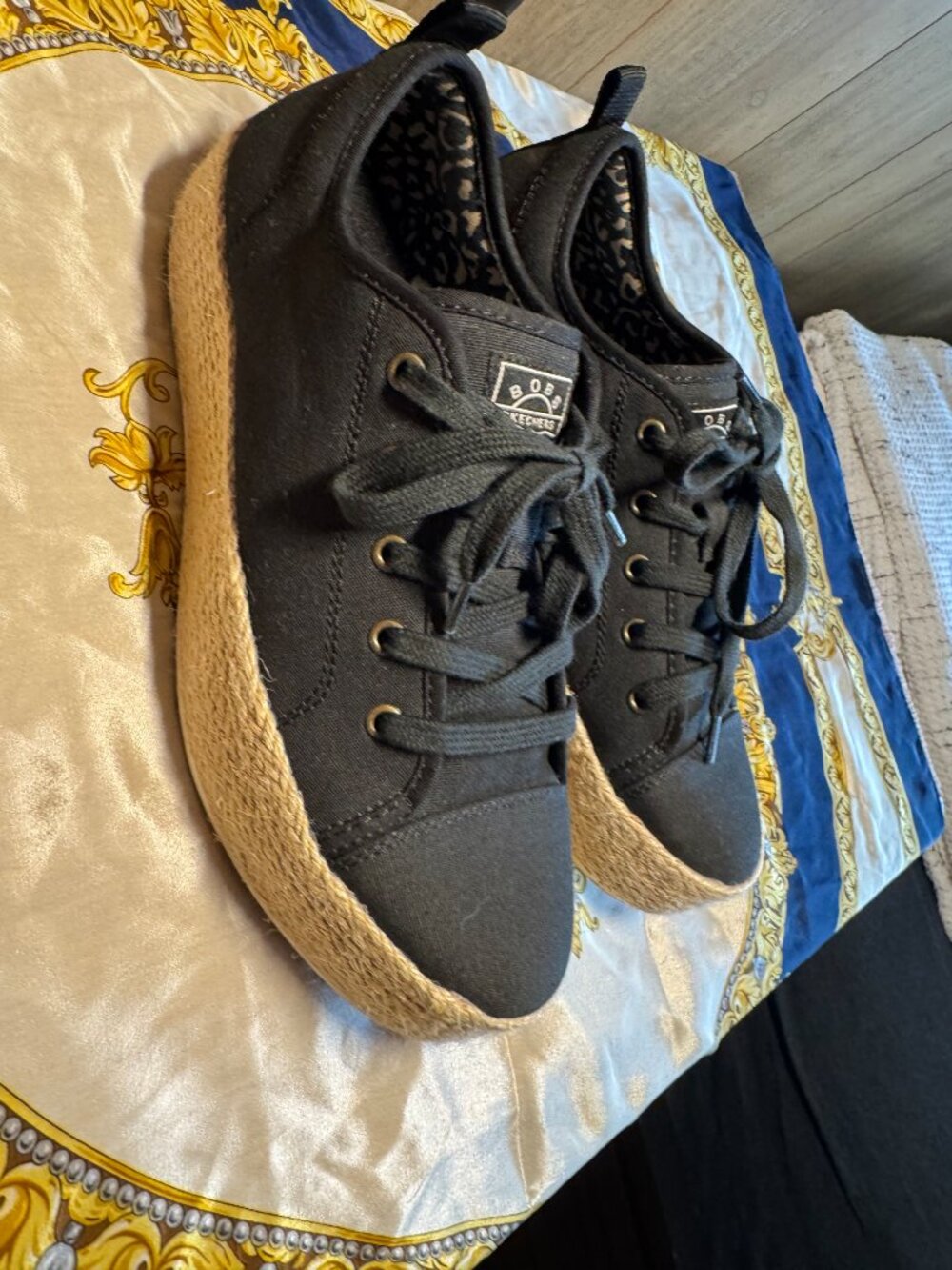 BOBS from Skechers Black Canvas Jute Platform Espadrille Sneakers Size 8
